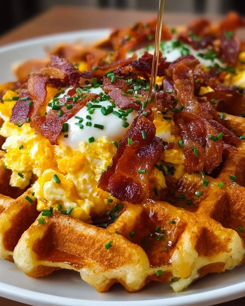 Loaded Bacon and Cheese Waffles topped with crispy bacon and melted cheese.