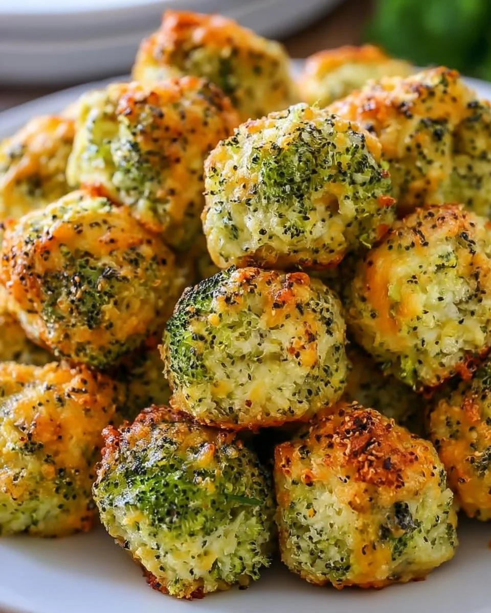 Baked Broccoli Cheese Balls served on a plate, garnished with herbs