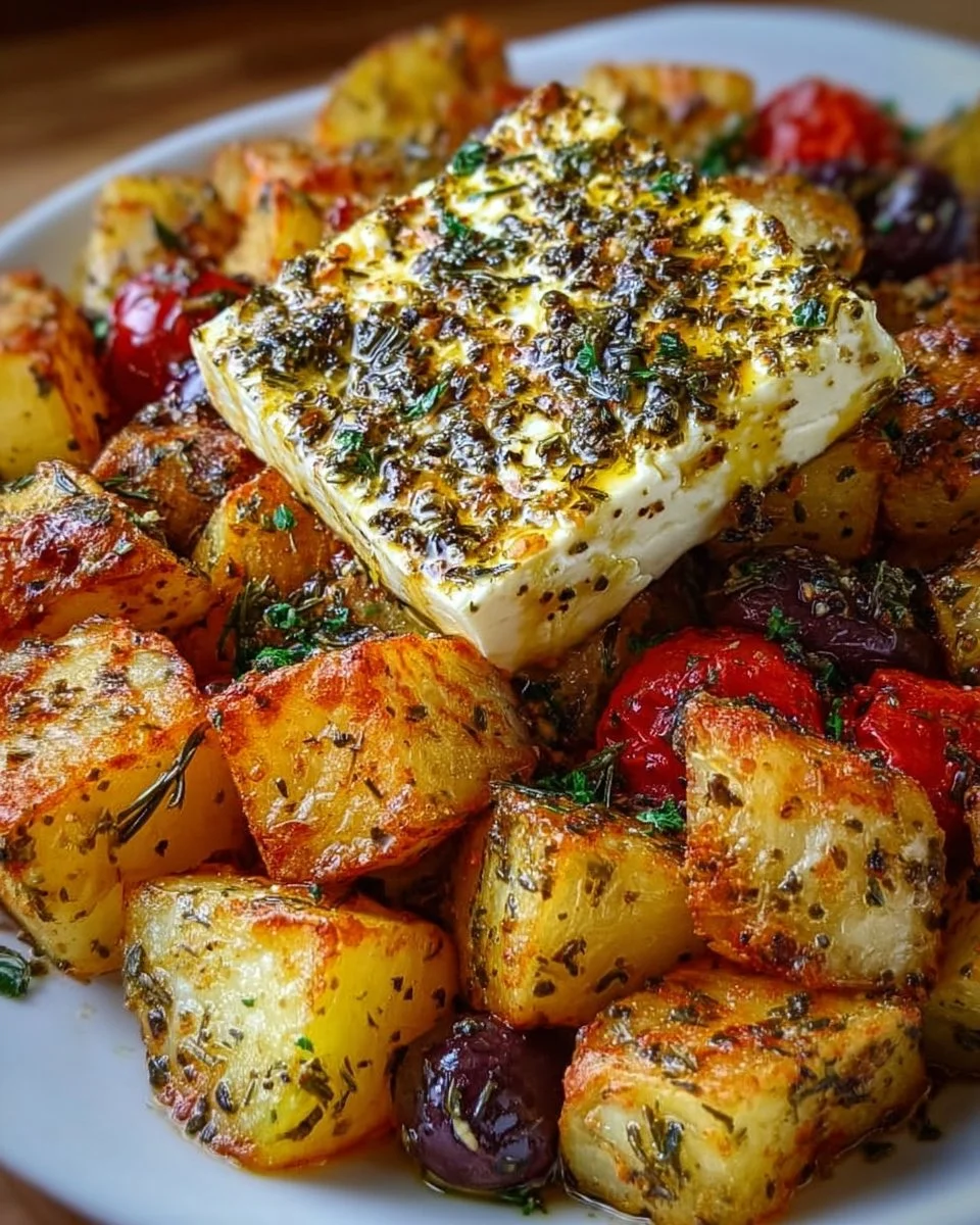 Delicious Baked Feta Potatoes served on a plate with Mediterranean herbs