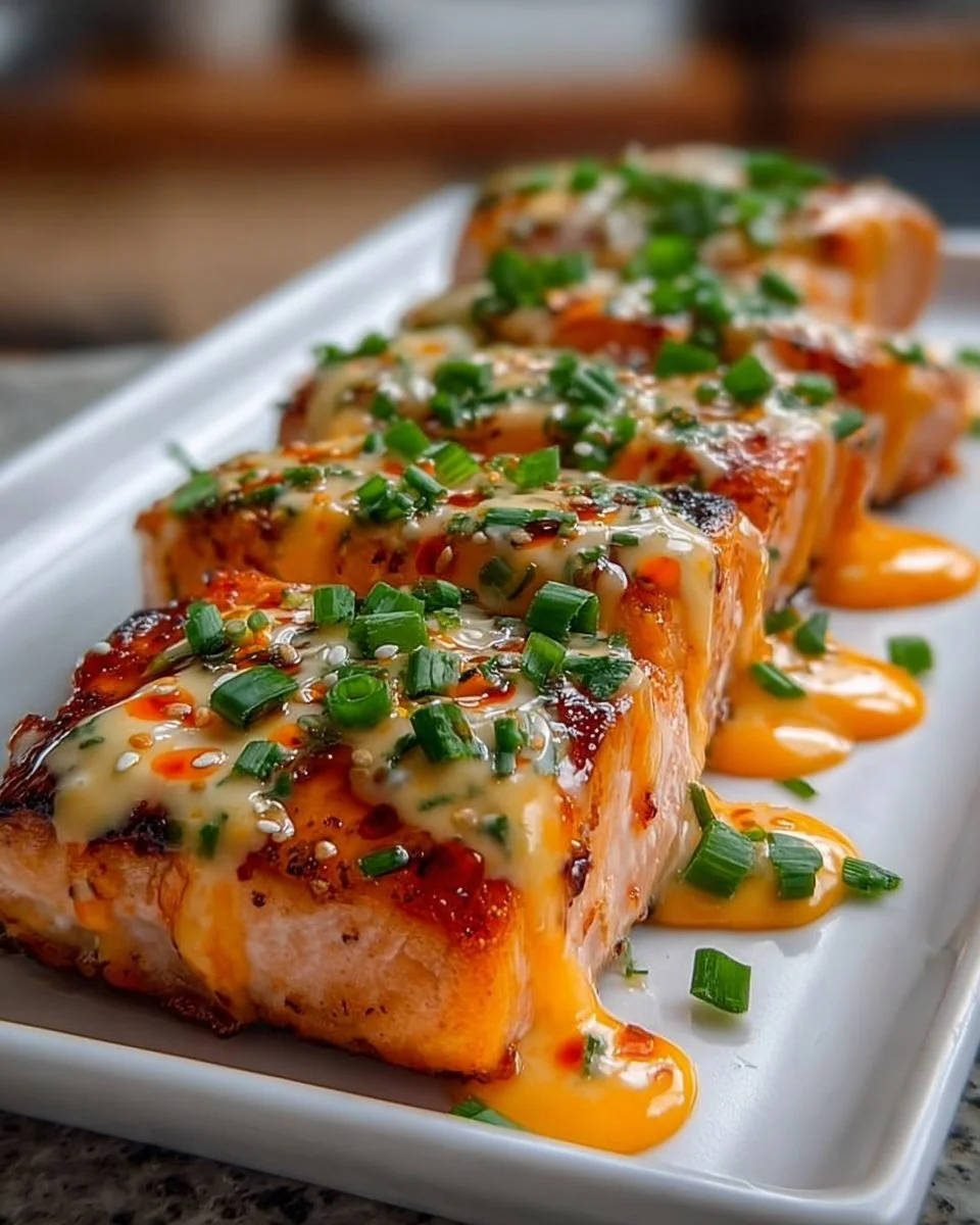 Plate of perfectly cooked Bang Bang Salmon with sauce and garnishes