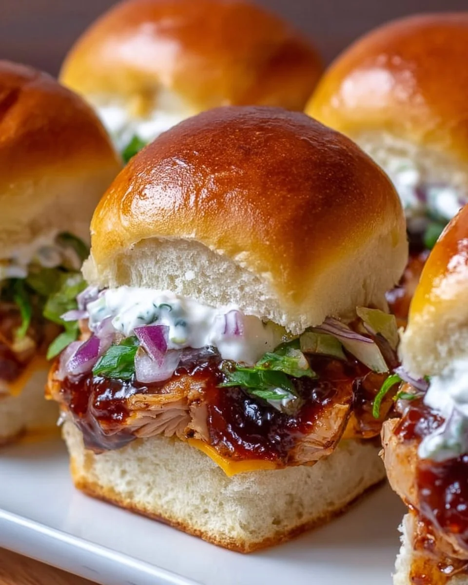 BBQ chicken sliders topped with ranch dressing on a platter