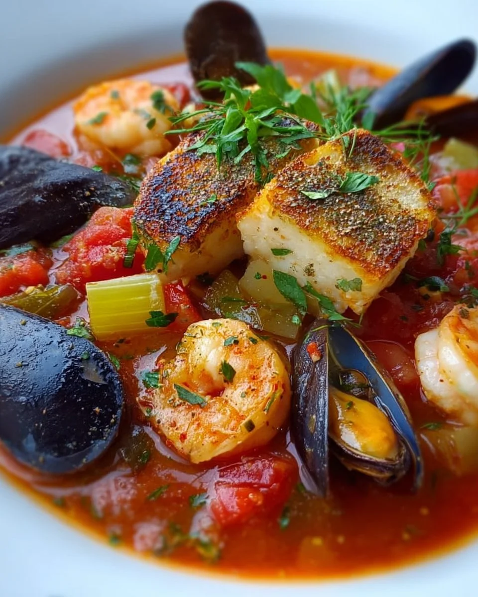A bowl of Bouillabaisse, a traditional French seafood stew with fish and herbs.