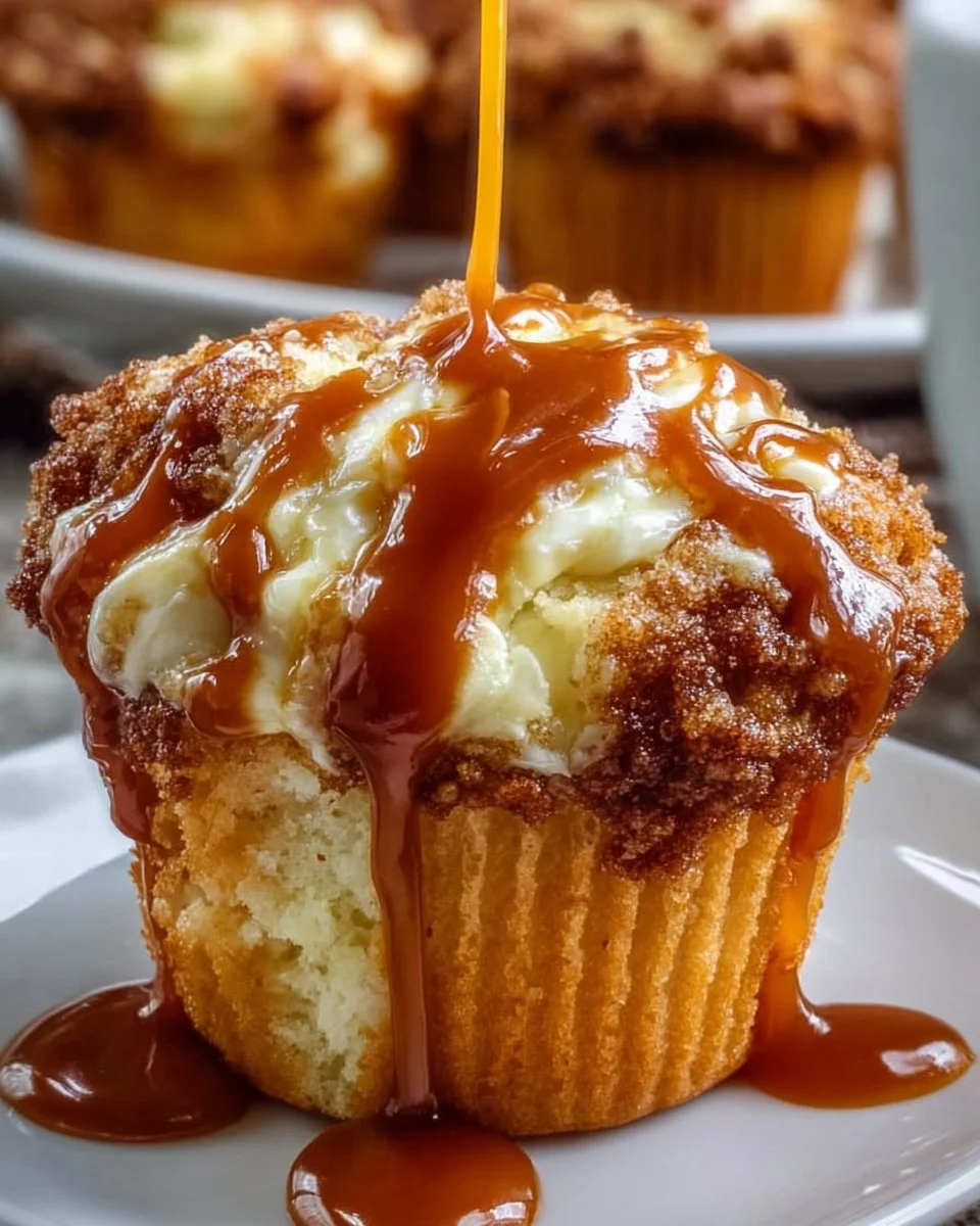 Delicious Caramel Cream Cheese Swirl Muffins on a rustic wooden table