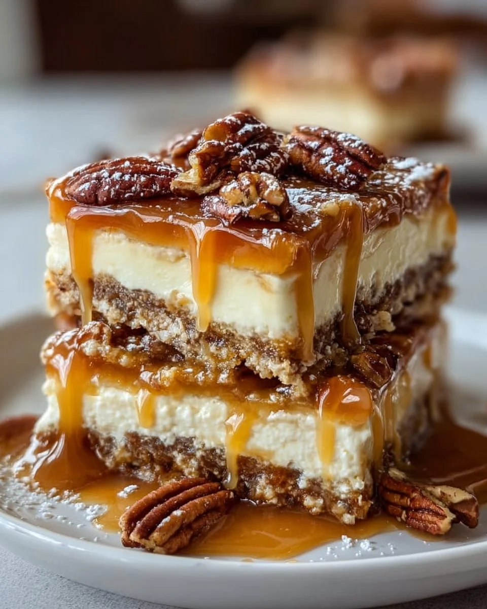 Caramel pecan lasagna squares with creamy layers and pecans on top.