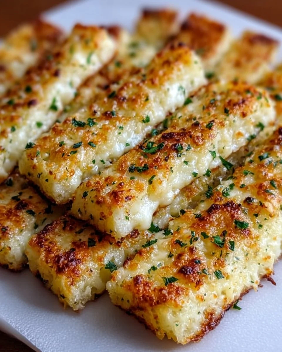 Cheesy Keto Cauliflower Garlic Breadsticks served on a plate
