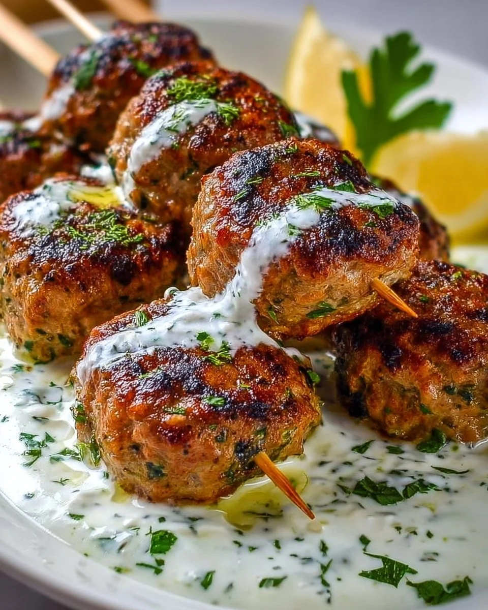 Chicken Kofta with Garlic Yogurt Sauce on a plate