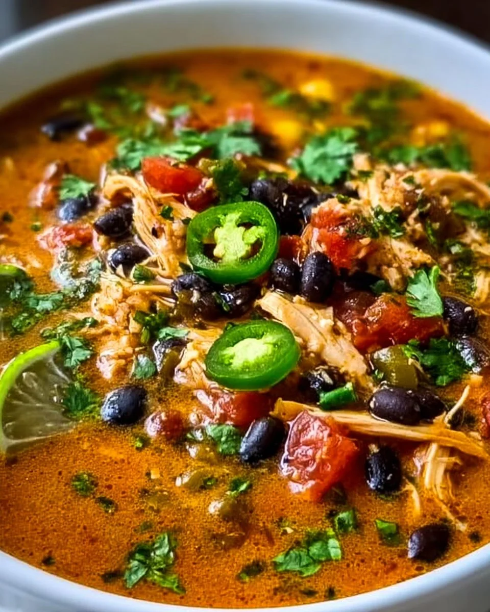 Bowl of Chicken Poblano Soup with black beans and fresh ingredients