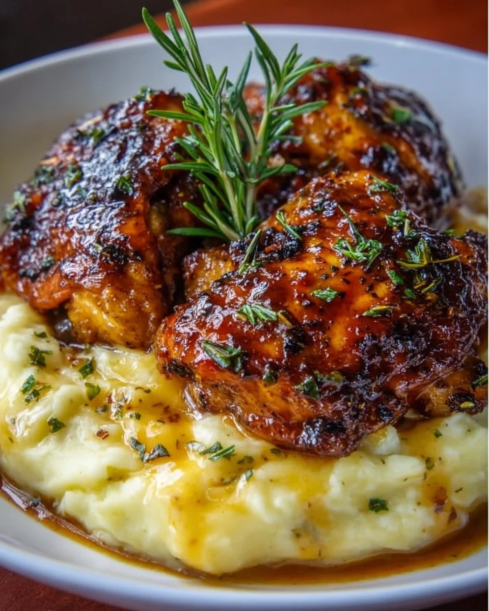 Chipotle Honey Chicken thighs served with smoked gouda mashed potatoes