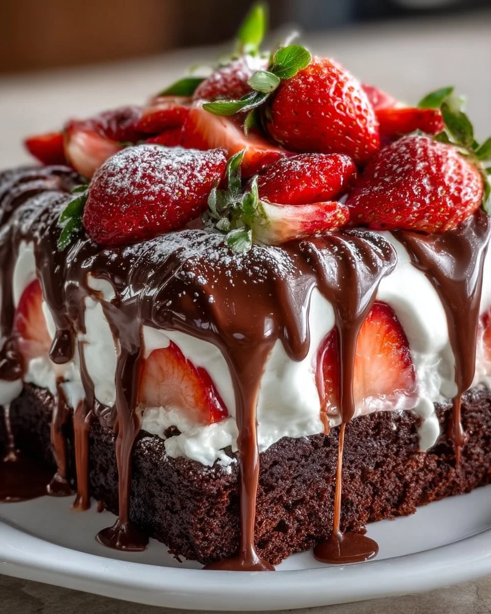 Delicious chocolate covered strawberry poke cake with fresh strawberries on top.