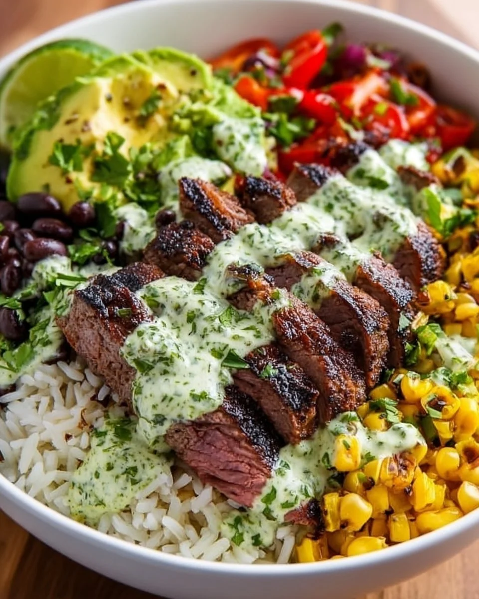 Cilantro lime steak bowls served with fresh vegetables and lime wedges
