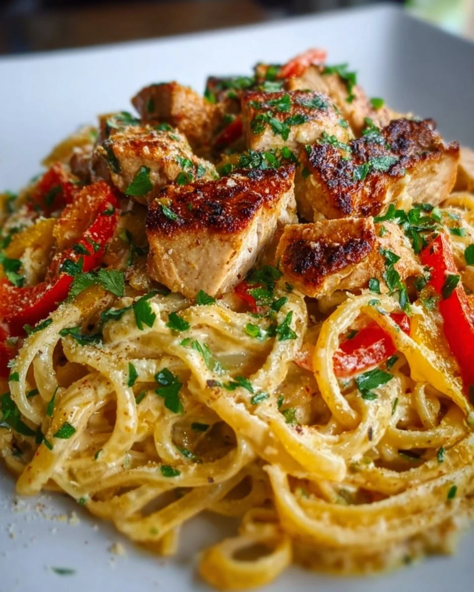 Creamy Cajun Chicken Pasta with colorful bell peppers and herbs