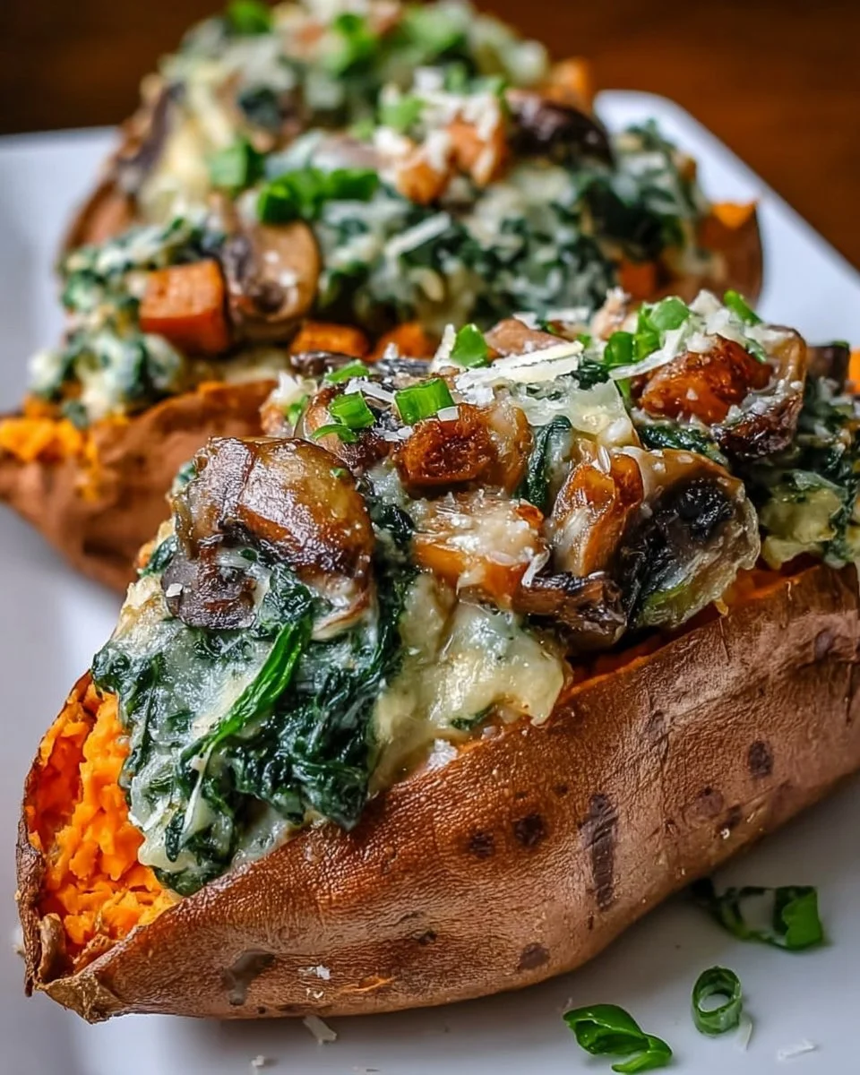 Creamy mushroom and spinach stuffed sweet potatoes on a plate
