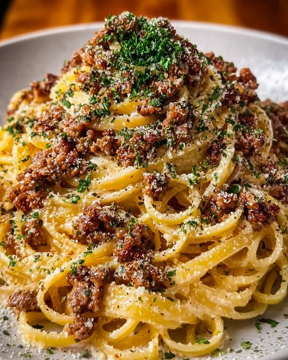 Creamy Parmesan beef linguine served with garlic butter sauce on a plate