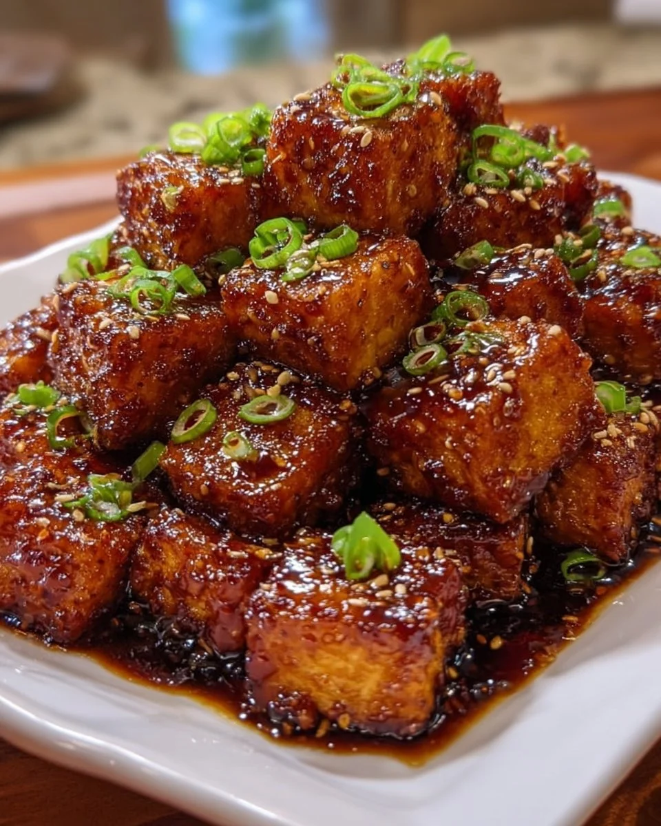 Plate of crispy honey garlic tofu garnished with green onions