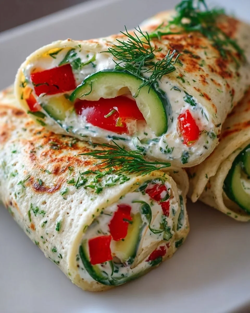 Healthy Cucumber Cottage Cheese Wraps on a wooden board