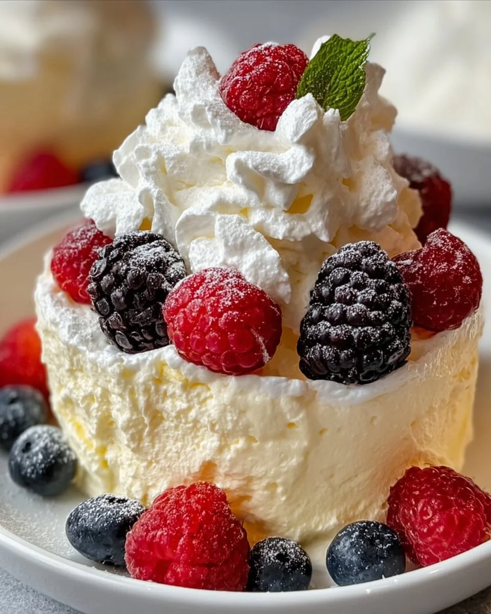 Delicious easy keto cheesecake fluff in a bowl garnished with berries