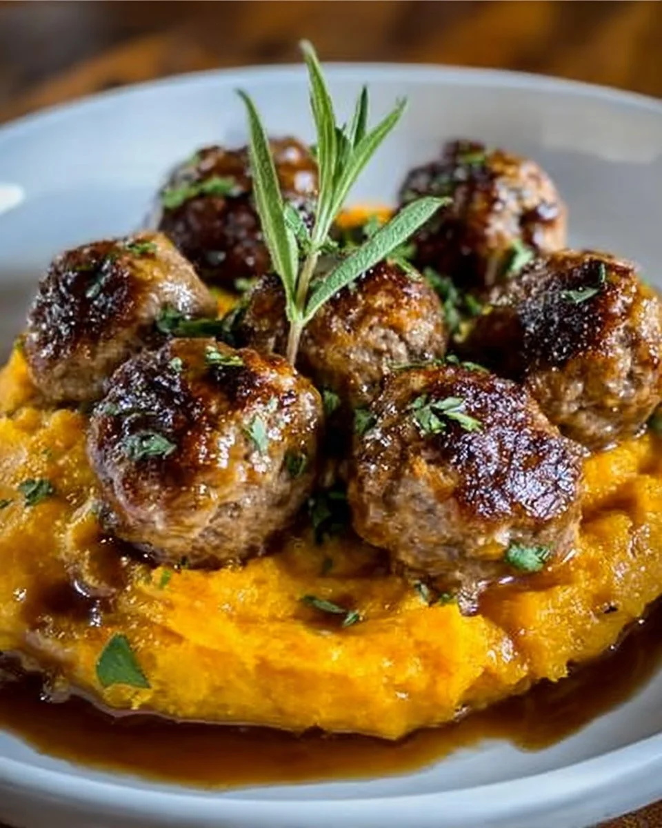 Irresistible pork meatballs with sweet potato mash and bourbon-maple sauce.