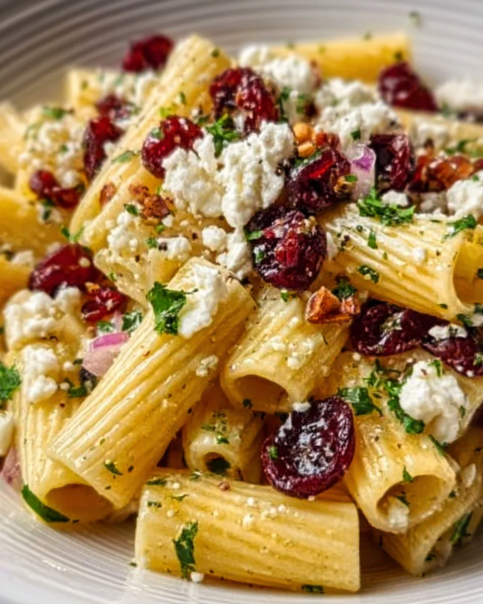 Feta and Cranberry Rigatoni Salad with Lemon Vinaigrette on a white plate