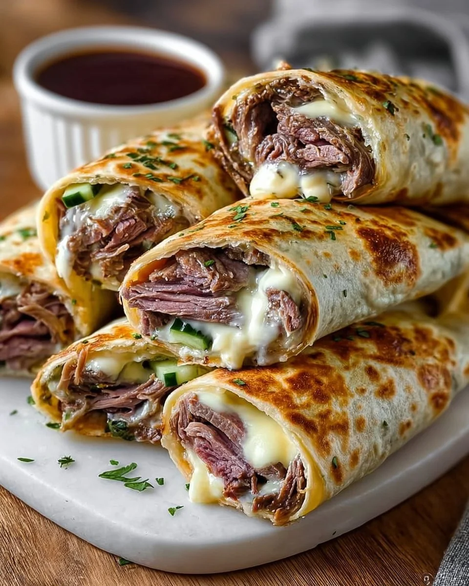 French Dip Tortilla Roll Ups ready to serve on a platter