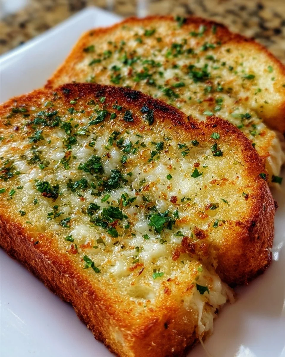 Melted garlic bread grilled cheese sandwich with crispy crust and gooey cheese