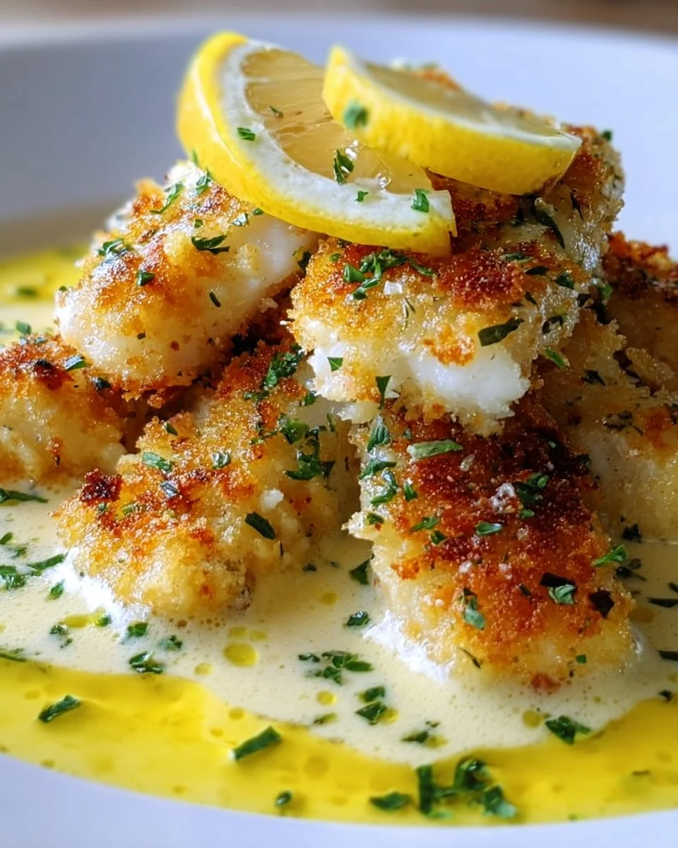 Garlic herb cod strips served with creamy lemon sauce on a plate