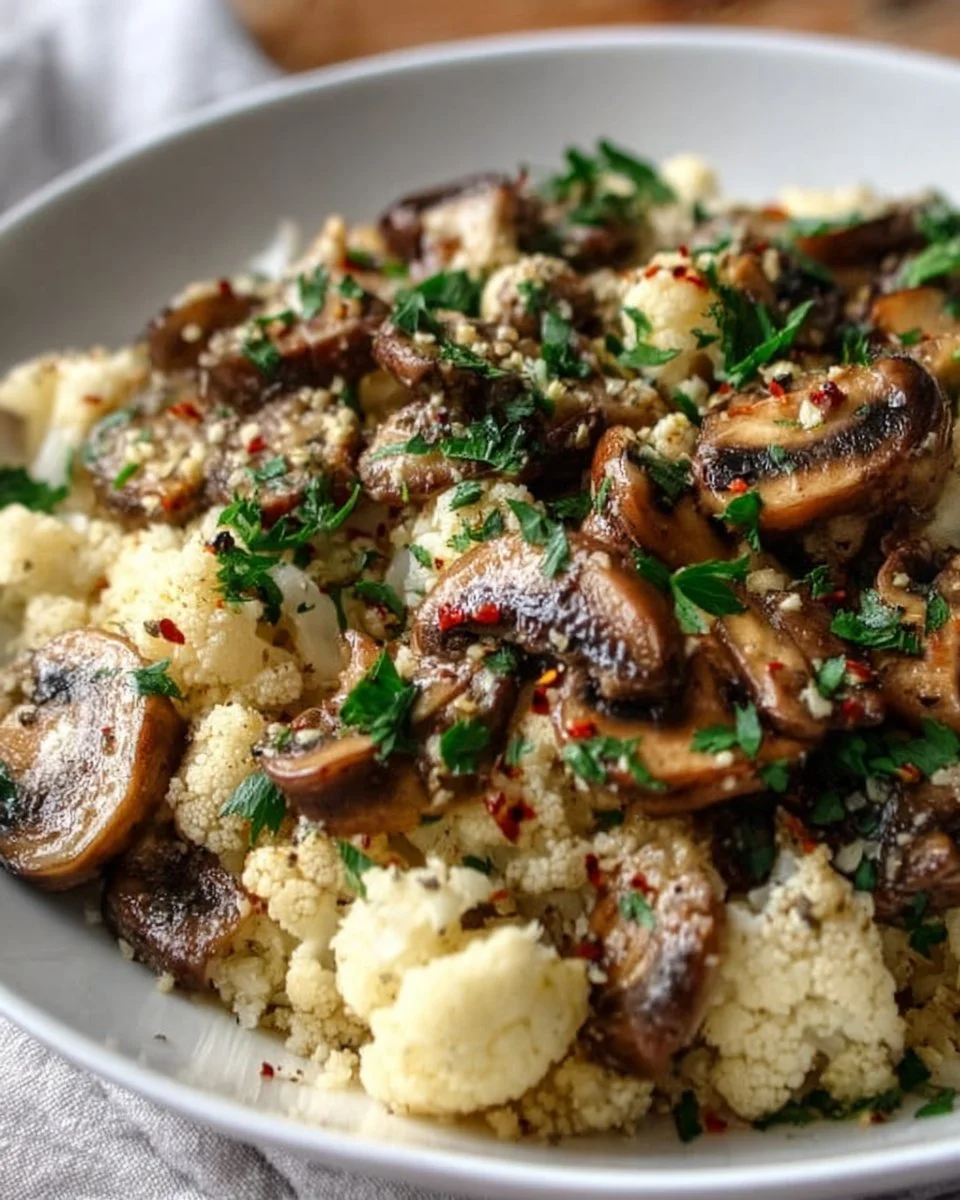 Garlic Mushroom Cauliflower Skillet dish served in a pan
