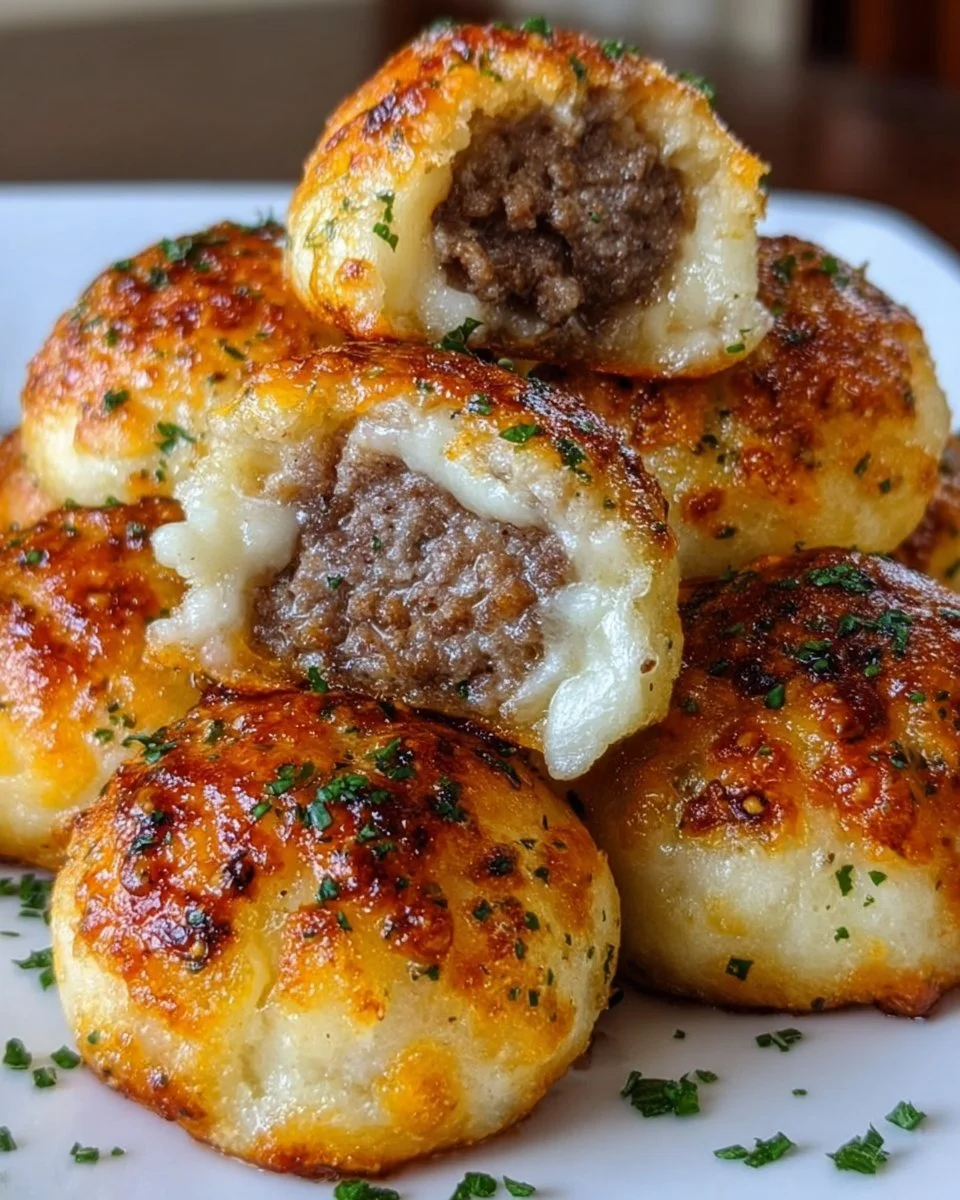 Garlic Parmesan Cheeseburger Bombs with melted cheese in flaky dough