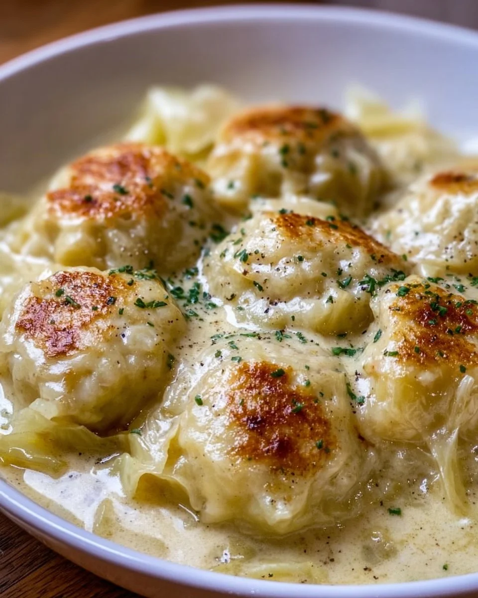 Delicious German cabbage and dumplings served with a rich savory sauce.