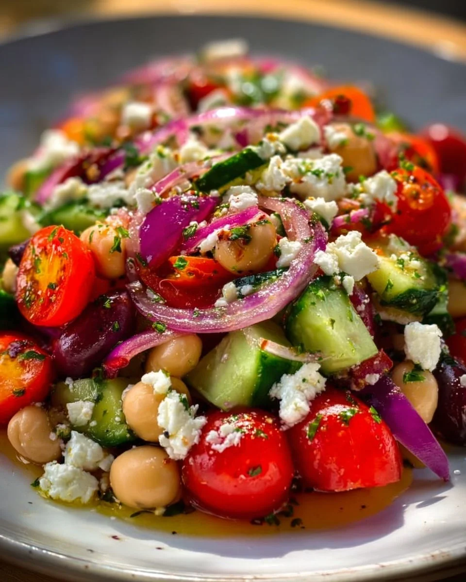 Delicious Greek Bean Salad featuring marinated beans and fresh vegetables.