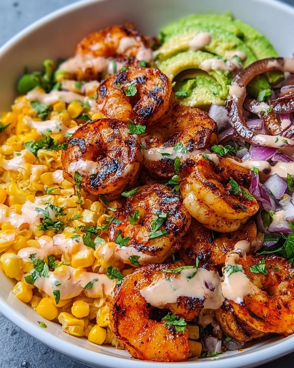 Grilled Shrimp Bowl with Avocado and Corn Salsa topped with Creamy Garlic Sauce