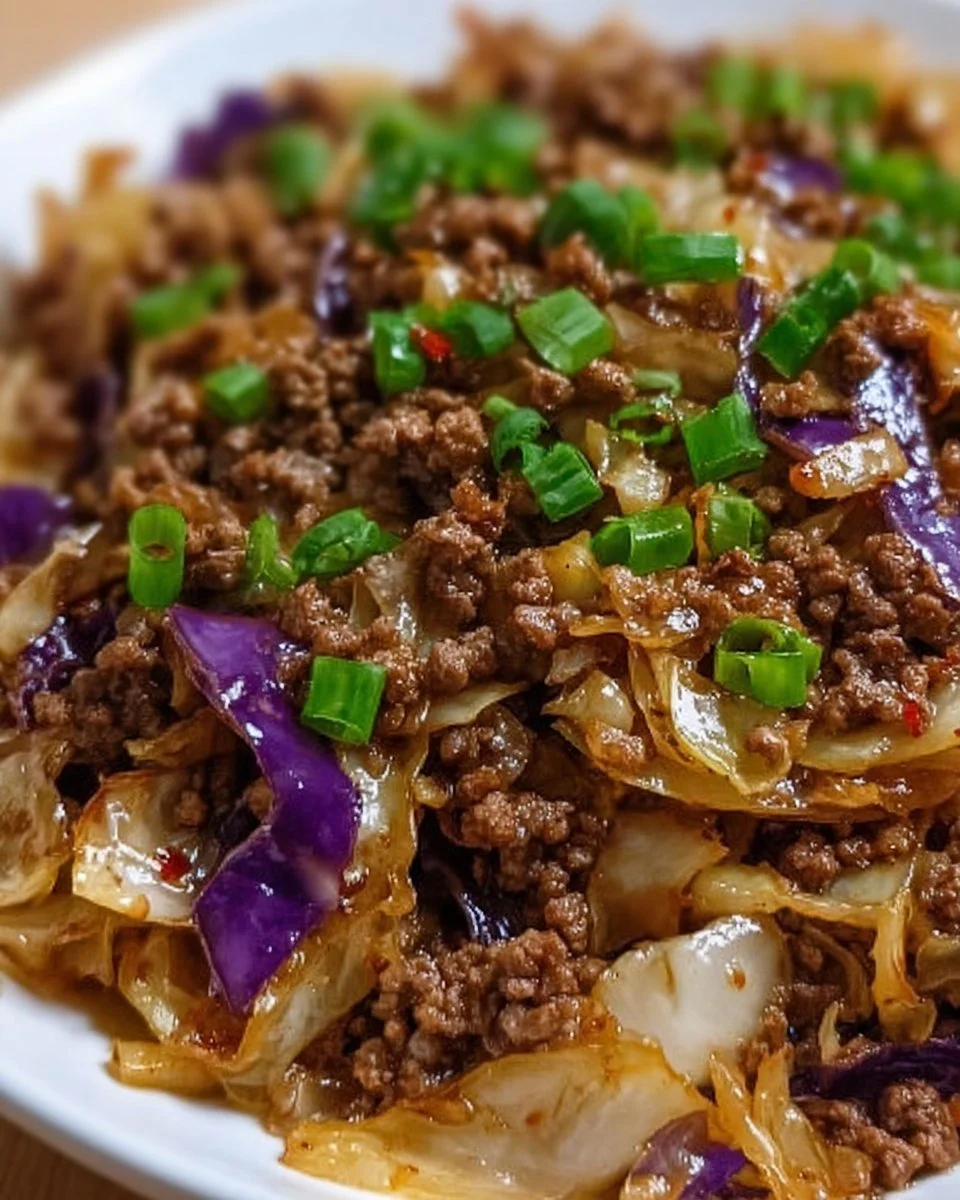 Ground beef and cabbage stir-fry served in a bowl with colorful vegetables