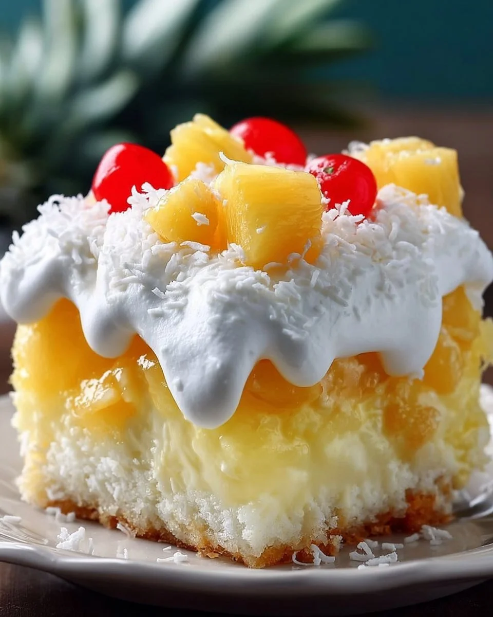 Delicious Hawaiian Poke Cake topped with vibrant fruit and creamy icing