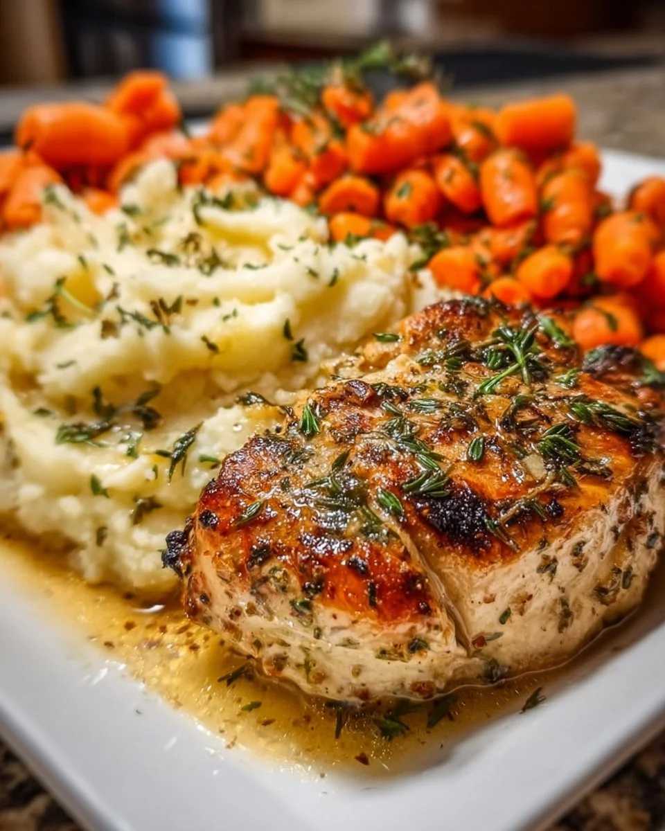 Herb Garlic Chicken with mashed potatoes and carrots on a plate
