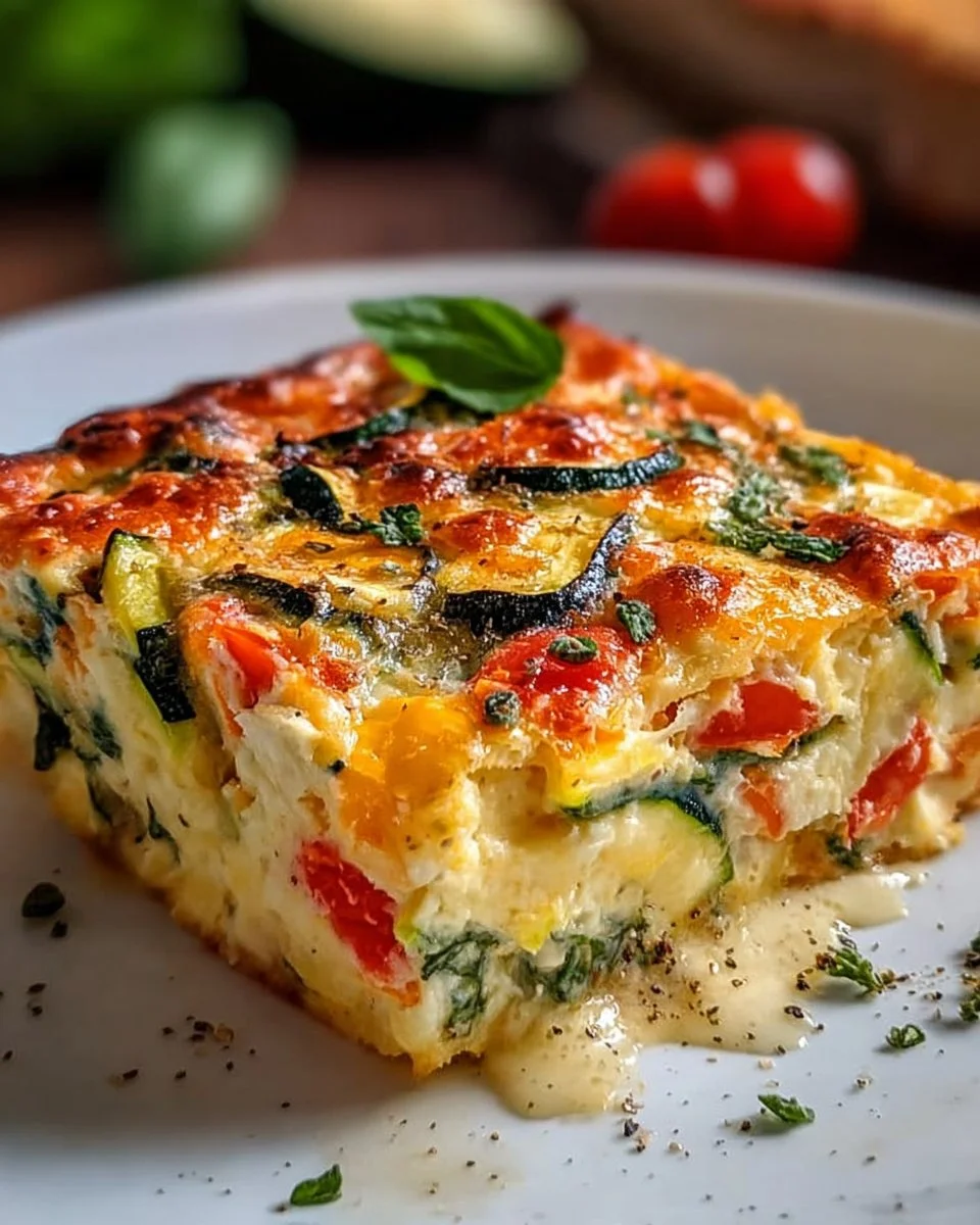 Cheesy cottage cheese and veggie bake in a baking dish, garnished and ready to serve.