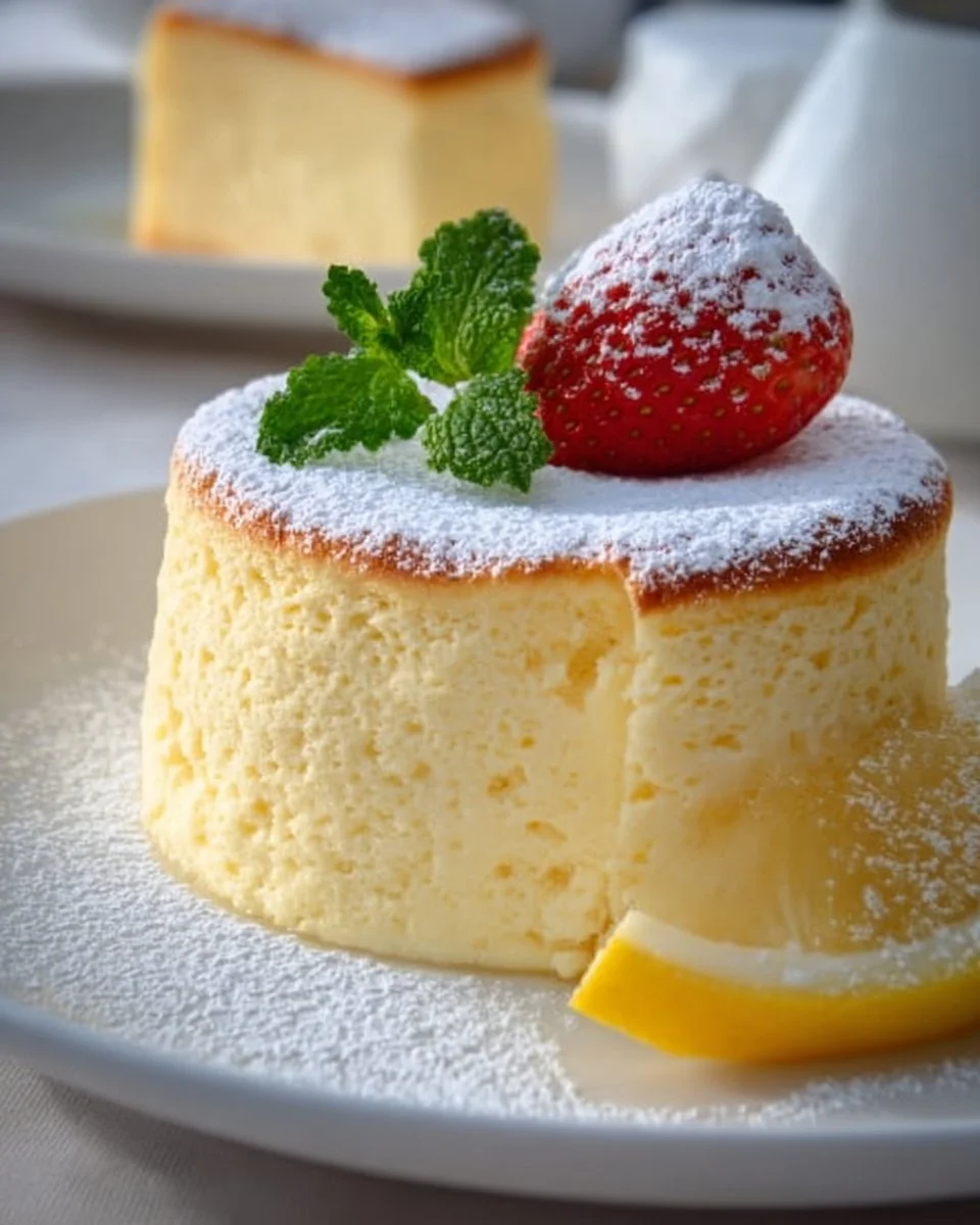 Fluffy Japanese Cotton Cheesecake topped with fresh strawberries