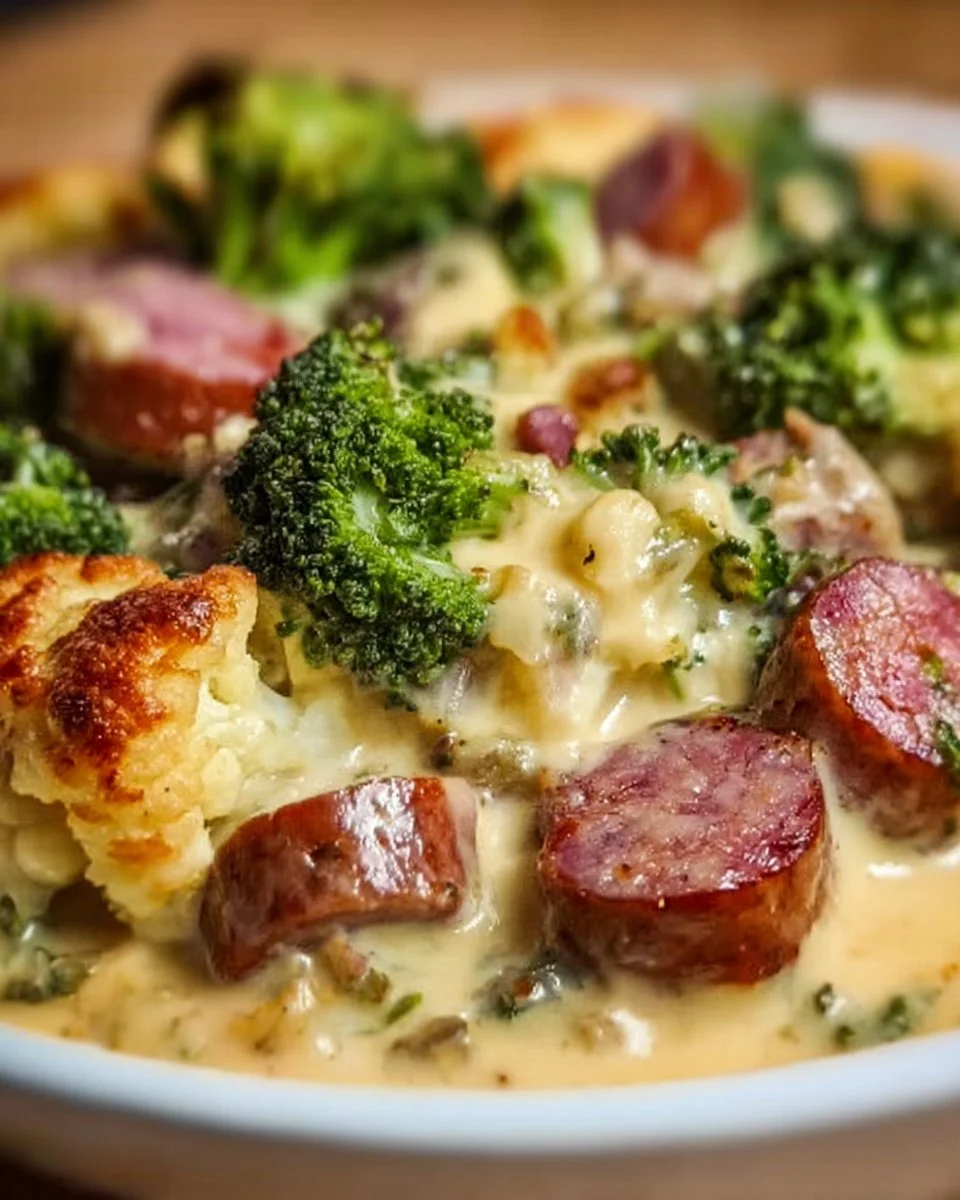 Keto Broccoli Cauliflower Au Gratin with Sausage Delight served in a dish