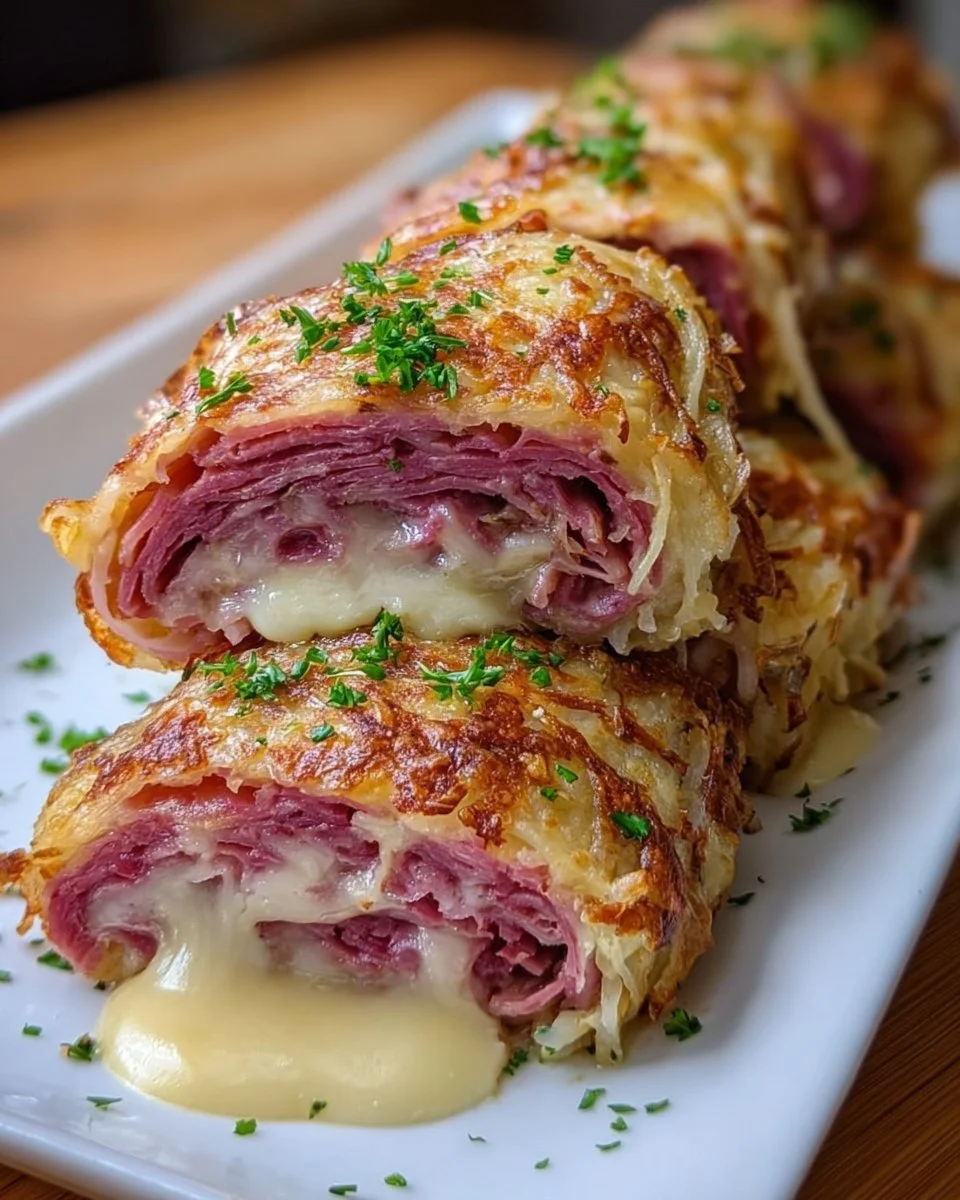 Keto Crispy Reuben Roll-Ups served on a plate, showcasing their crispy texture and ingredients.