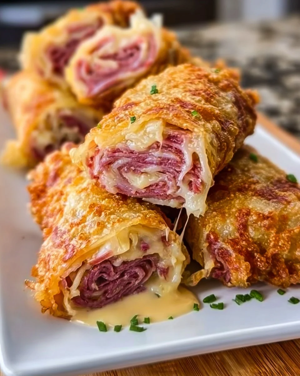 Crispy Keto Reuben Roll-Ups filled with corned beef and cheese