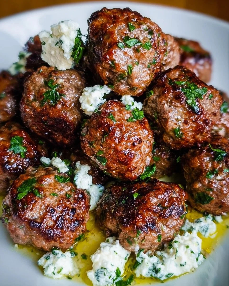 Delicious Keto Greek Meatballs served with fresh herbs and a side of tzatziki sauce