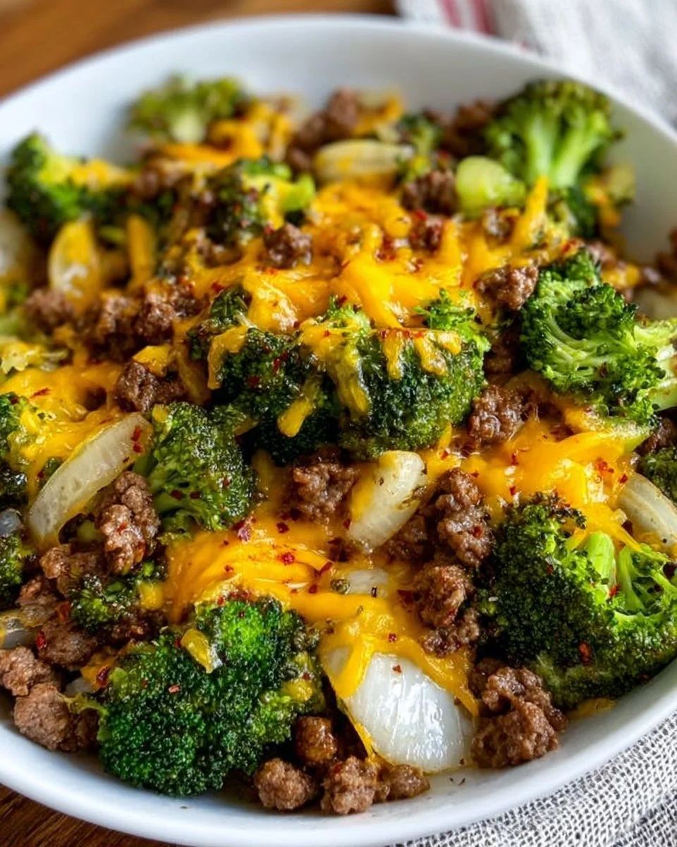 Keto Hamburger Broccoli Skillet with fresh ingredients in a pan