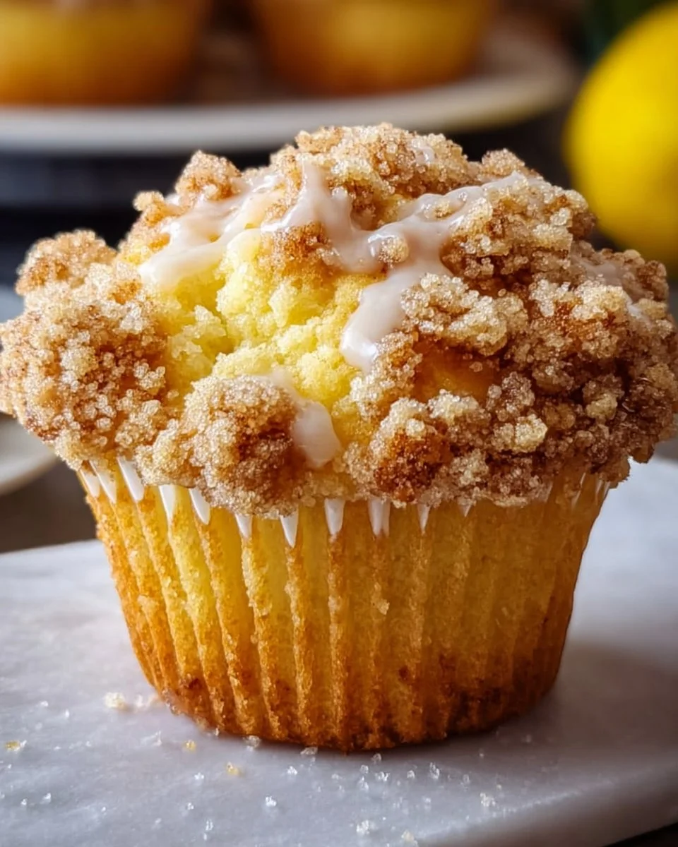 Freshly baked lemon crumb muffins with a golden crumb topping