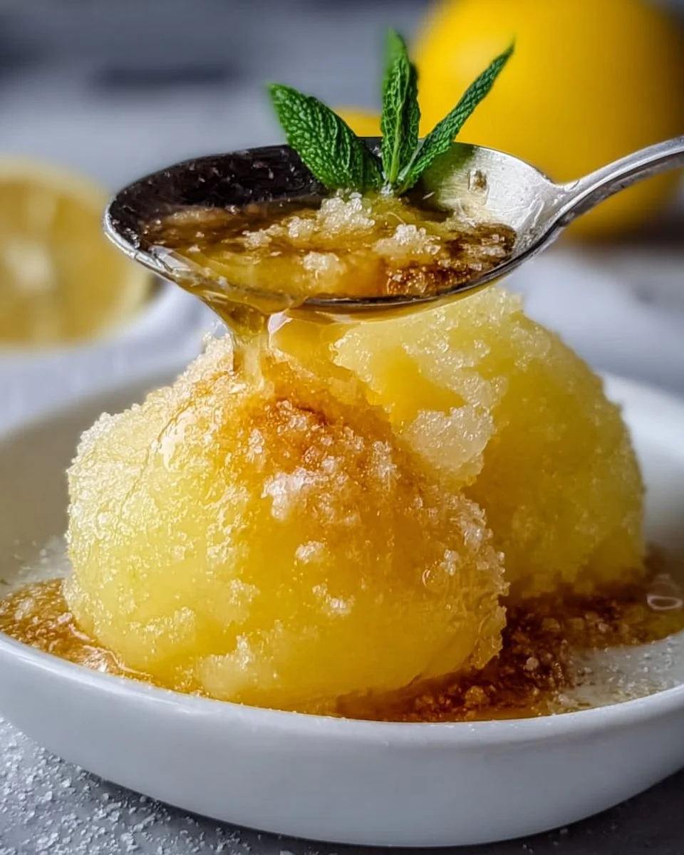 Delicious homemade lemon sorbet served in a bowl, garnished with lemon slices.