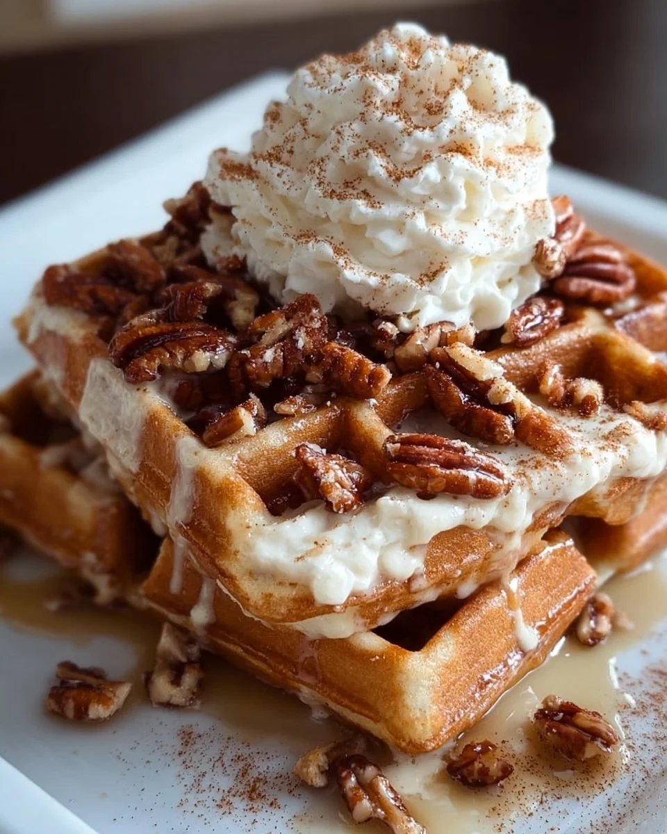 Maple pecan cream cheese waffles stacked on a plate with syrup drizzle