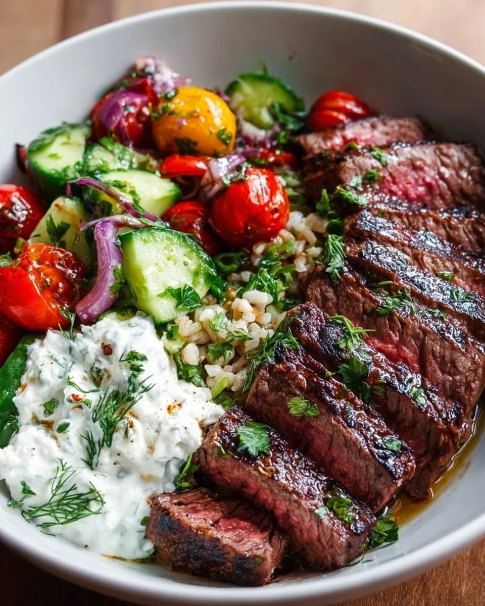 Mediterranean Steak Bowl with fresh vegetables and herbs