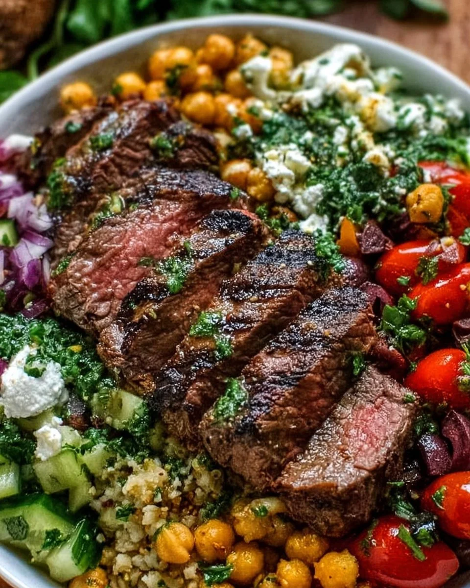 Mediterranean steak bowl filled with vibrant vegetables and tender steak