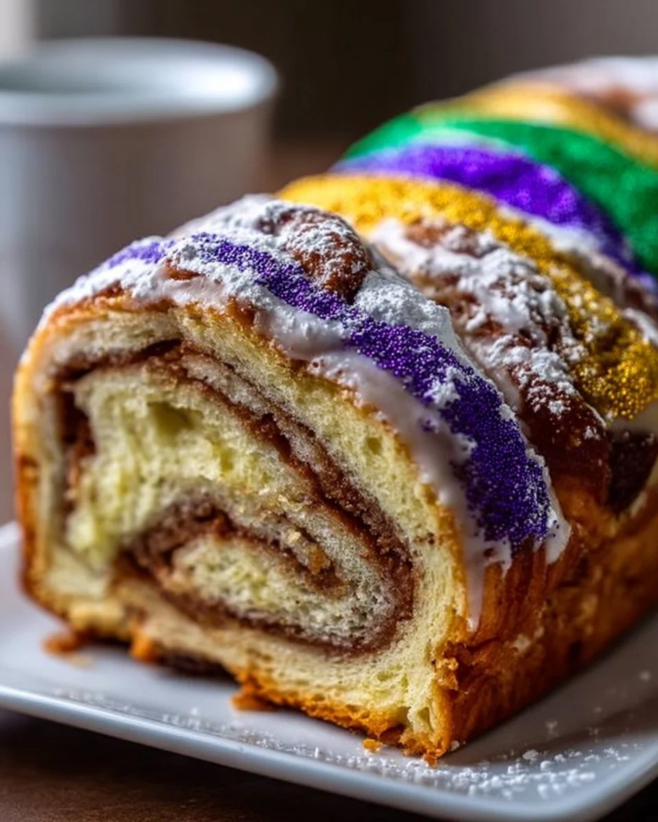 New Orleans style King Cake with cinnamon swirl and colorful icing decorations.