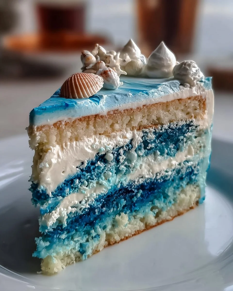 Ocean-inspired layer cake with blue frosting and sandy decorations