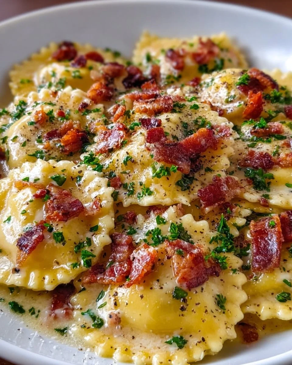 Creamy Olive Garden-inspired Ravioli Carbonara dish garnished with herbs