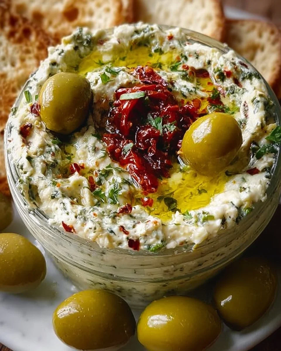 Creamy and tangy Olive Lovers’ Dream Dip served in a bowl with olives.