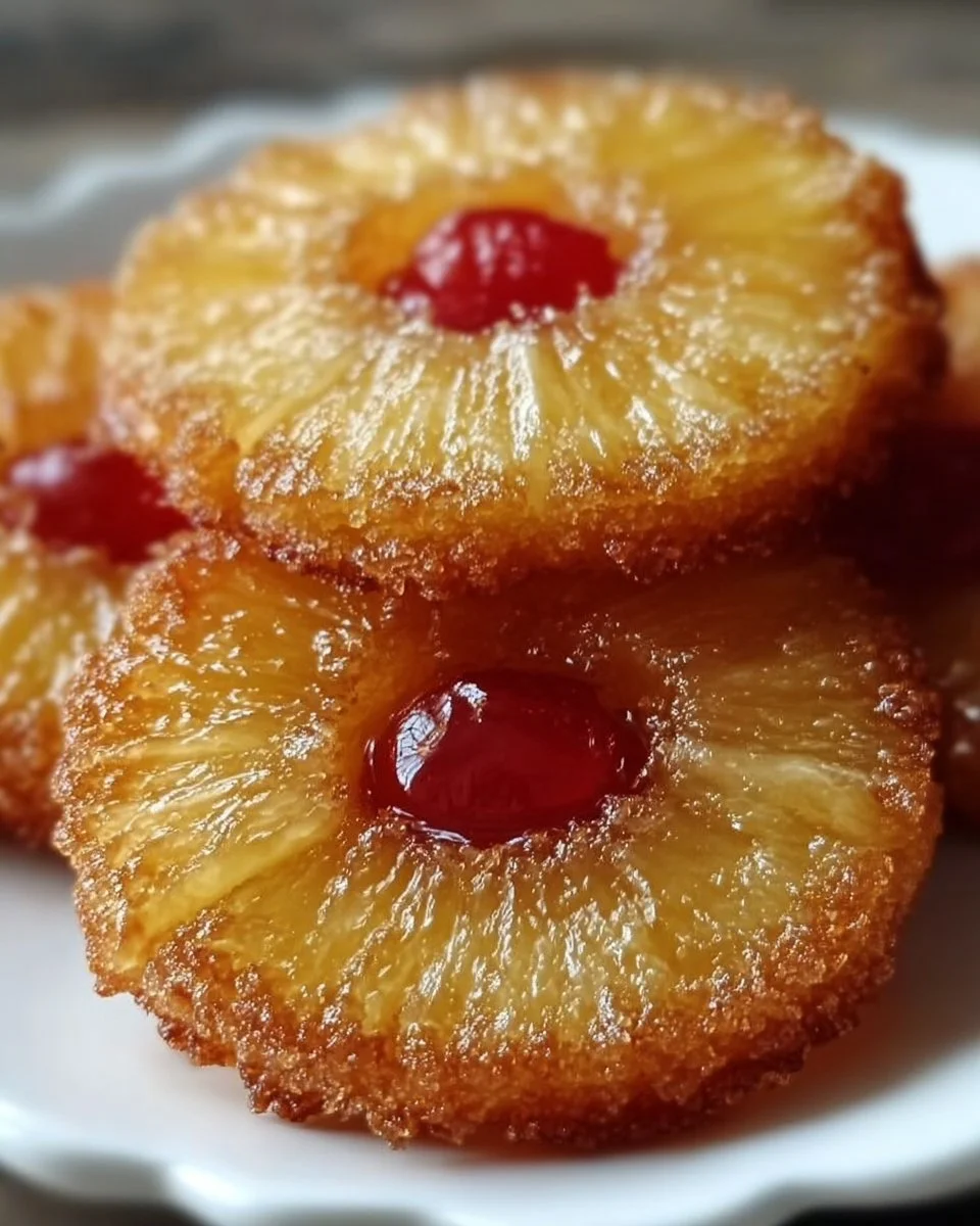 Delicious pineapple upside down cookies with cherry on top and a golden crust.